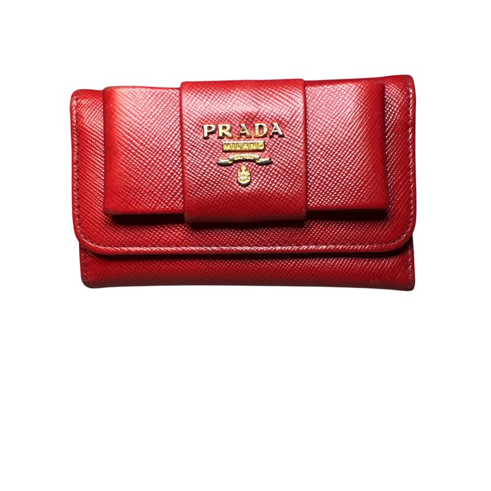 Prada Saffiano Red Leather Ribbon 6 Key Holder Wallet Case w/ Logo – Italy
